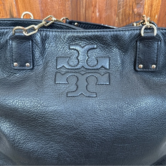 Tory Burch Tote Handbag Shoulder Bag Black Pebbled Leather Read F - Picture 3 of 14
